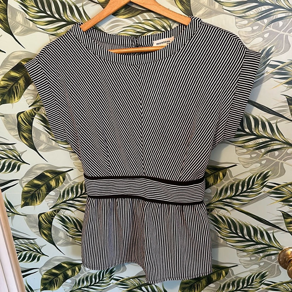Monteau Black and White Striped Peplum Blouse